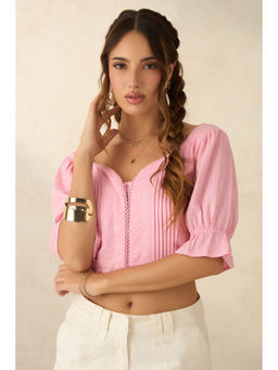 Virgio - Pink Women Cotton Sweetheart Neck Crop Length Solid Puff Sleeves Top