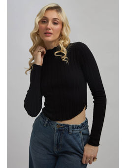 Virgio - Black Women Viscose High Neck Regular Solid Regular Sleeves Crop Top