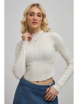 Virgio - White Women Viscose High Neck Crop Length Solid Full Sleeve Top