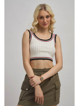 Virgio - White Women Cotton Round Neck Crop Length Self Design Sleeveless Top