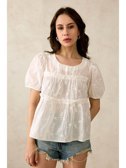 Virgio - White Women Cotton Round Neck Embroidered Puff Sleeves Top