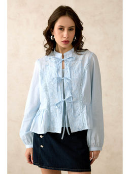Virgio - Blue Women Cotton Mandarin Collar Neck Regular Embroidered Puff Sleeves Top