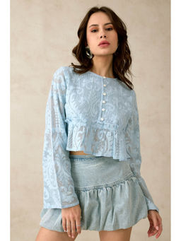 Virgio - Blue Women Cotton Round Neck Crop Length Self Design Flared Sleeves Top