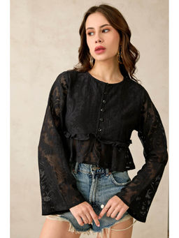 Virgio - Black Women Cotton Round Neck Crop Length Self Design Flared Sleeves Top