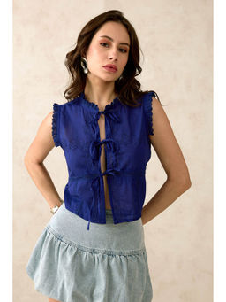 Virgio - Blue Women Cotton Round Neck Embroidered Sleeveless Top