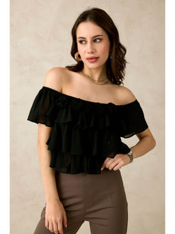 Virgio - Black Women Recycled Polyester Off-Shoulder Neck Crop Length Solid Flared Sleeves Top