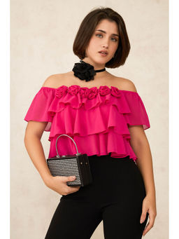 Virgio - Pink Women Recycled Polyester Off-Shoulder Neck Crop Length Solid Flared Sleeves Top