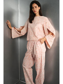 Virgio - Pink Women Cotton Linen Boat Neck Knee Length Floral Print Bell Sleeves Top