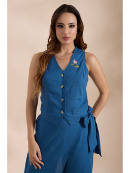 Virgio - Blue Women Viscose V-Neck Crop Length Print Sleeveless Top