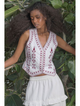 Virgio - White Women Cotton V-Neck Regular Ethnic Motifs Sleeveless Crop Top