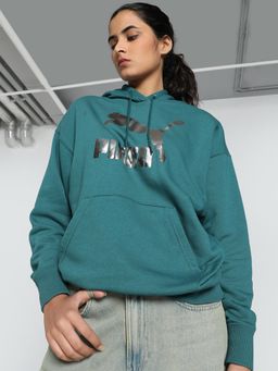 Puma - Classics Shiny Logo Womens Teal Hoodie
