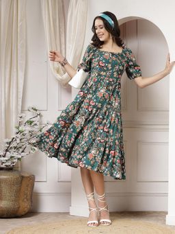 Indibelle - Green Rayon Floral Print Flared Dress