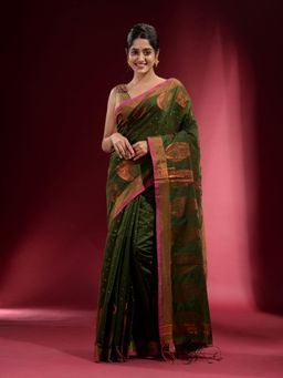 CHARUKRITI - Sap Green with Zari Paisley Motif and Floral Design Saree with Unstitched Blouse