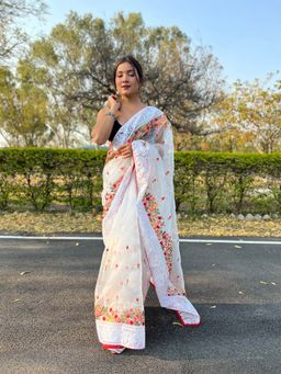Odette - White Organza Embroidered Saree with Unstitched Blouse
