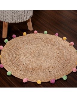 Sashaa World - Round Jute Rug with Multi Colored Pompoms
