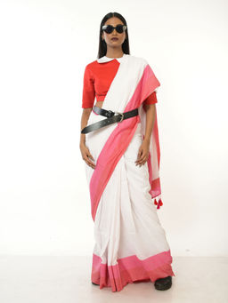 Huts and Looms - White Handloom Acrylic Cotton Saree with Red and Pink Border