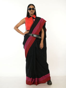 Huts and Looms - Black Handloom Acrylic Cotton Saree with Red and Pink Border