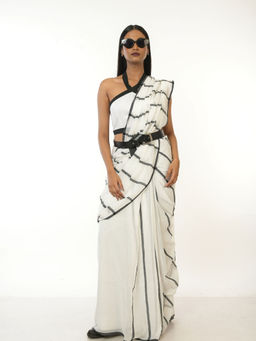 Huts and Looms - White Handloom Cotton Saree with Black Stripes