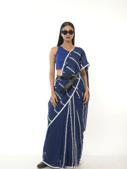 Huts and Looms - Blue Handloom Cotton Saree with White Stripes