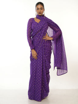 Huts and Looms - Purple Handloom Mul Cotton Metallic Polka Dotted Saree