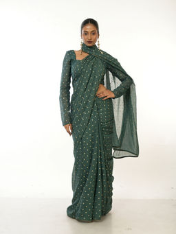 Huts and Looms - Bottle Green Handloom Mul Cotton Metallic Polka Dotted Saree
