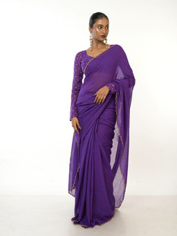 Huts and Looms - Purple Handloom Mul Cotton Saree with Golden Scalloped Border