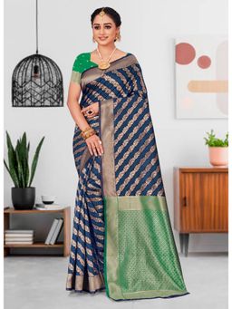 Sangam Prints - Navy Blue Patola Silk Woven Zari Work Traditional Saree with Unstitched Blouse