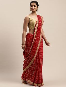 Vastranand - Maroon & Beige Printed Bandhani Saree with Unstitched Blouse