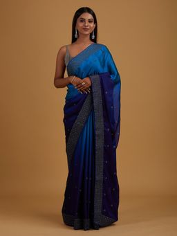 Koskii - Royal Navy Blue Embellished Semi Crepe Designer Saree with Unstitched Blouse