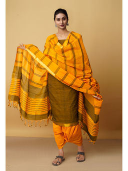 Unnati Silks - Unstitched Brown Pure Handloom Mangalagiri Cotton Salwar Kameez (Set of 3)