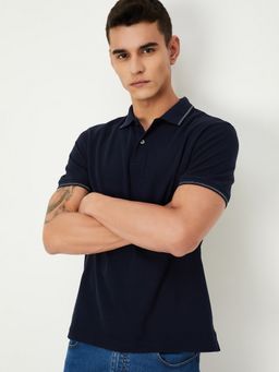 max - Solid Regular Fit Navy Blue Polo T-Shirt