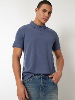 max - Textured Regular Fit Blue Polo T-Shirt