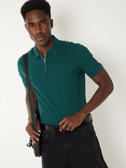 max - Solid Zipper Green Polo T-Shirt