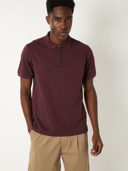 max - Textured Zipper Maroon Polo T-Shirt