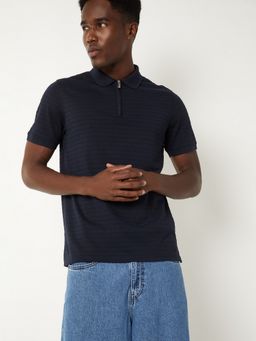 max - Textured Zipper Navy Blue Polo T-Shirt