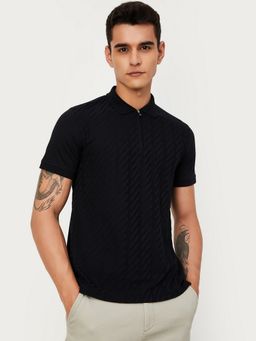 max - Slim Fit Textured Zipper Black Polo T-Shirt