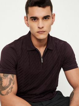 max - Slim Fit Textured Zipper Wine Polo T-Shirt