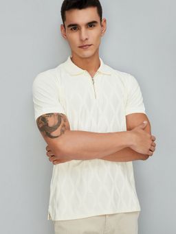 max - Slim Fit Textured Zipper Off White Polo T-Shirt