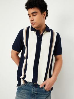 max - Striped Knit Navy Blue Polo T-Shirt