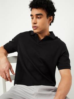 max - Textured Johnny Collar Black T-Shirt
