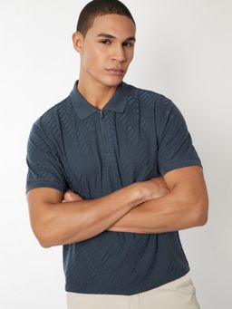 max - Textured Regular Fit Blue Polo T-Shirt