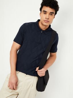 max - Textured Regular Fit Navy Blue Polo T-Shirt
