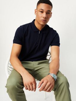 max - Solid Slim Fit Navy Blue Polo T-Shirt