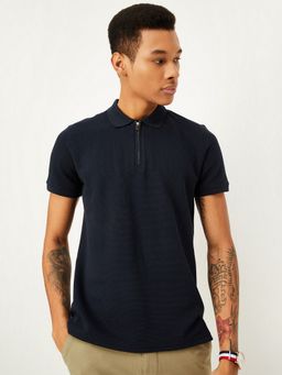 max - Textured Zipper Navy Blue Polo T-Shirt