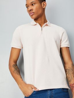 max - Textured Zipper Pink Polo T-Shirt