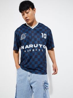 max - Urb_N Naruto Checked Oversized Blue T-Shirt