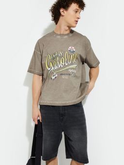 max - Urb_N Typographic Print Boxy Fit Brown T-Shirt