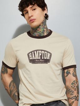 max - Urb_N Graphic Print Slim Fit Beige T-Shirt