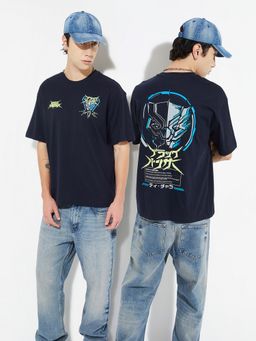 max - Urb_N Black Panther Print Oversized Navy Blue T-Shirt