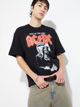 max - Urb_N Ac/Dc Printed Oversized Black T-Shirt